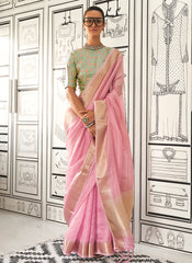 Pink And Green Zari Brocade Handloom Silk Saree