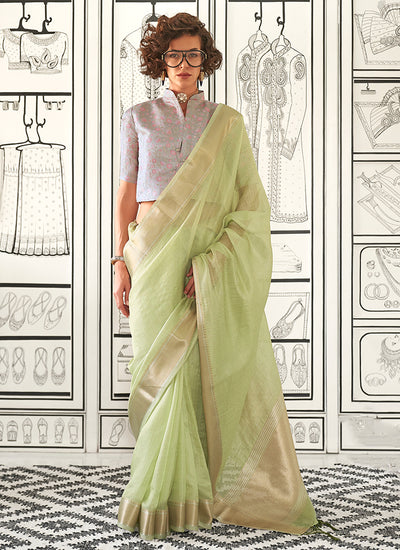 Green And Lavender Zari Brocade Handloom Silk Saree
