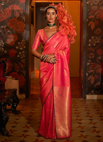 Orange Zari Brocade Handloom Woven Silk Saree