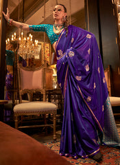 Purple And Turquoise Zari Woven Satin Silk Saree
