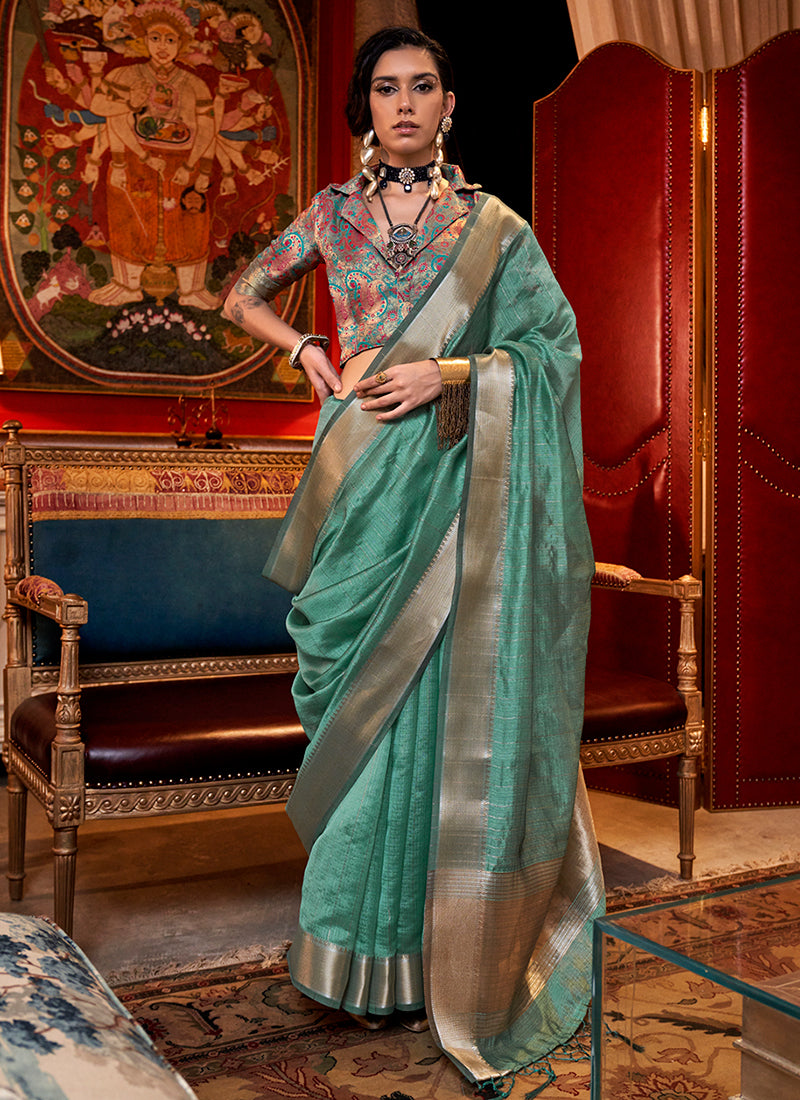 Turquoise Zari Brocade Handloom Silk Saree