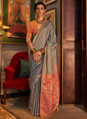 Light Blue And Orange Zari Brocade Handwoven Silk Saree