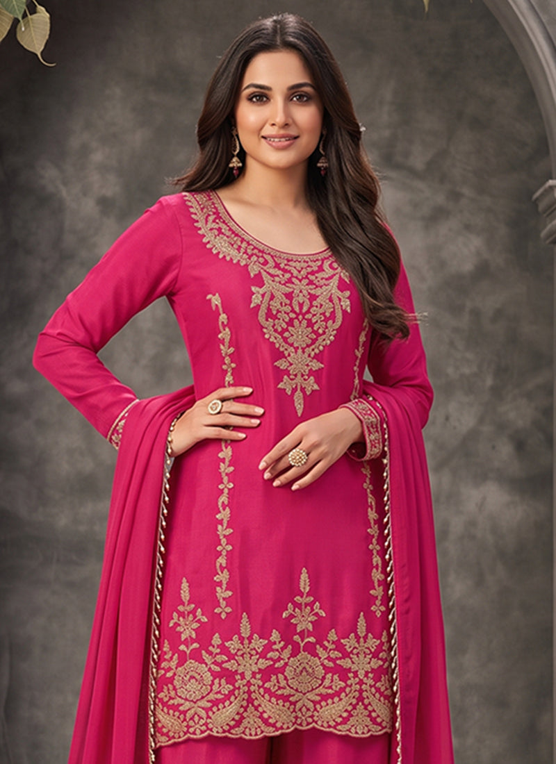 Buy Rani Pink Silk Plazzo Suit In USA