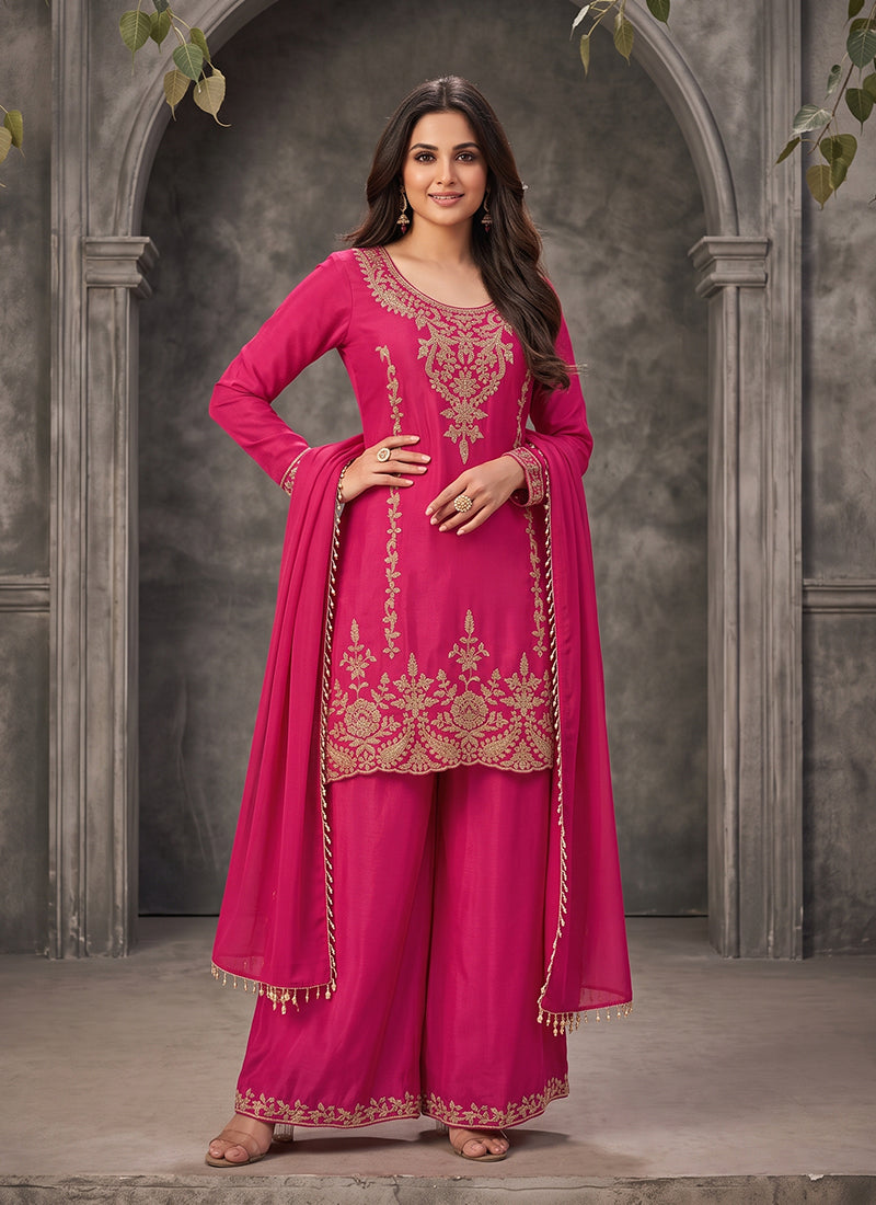 Rani Pink Handwork Chinnon Silk Palazzo Suit