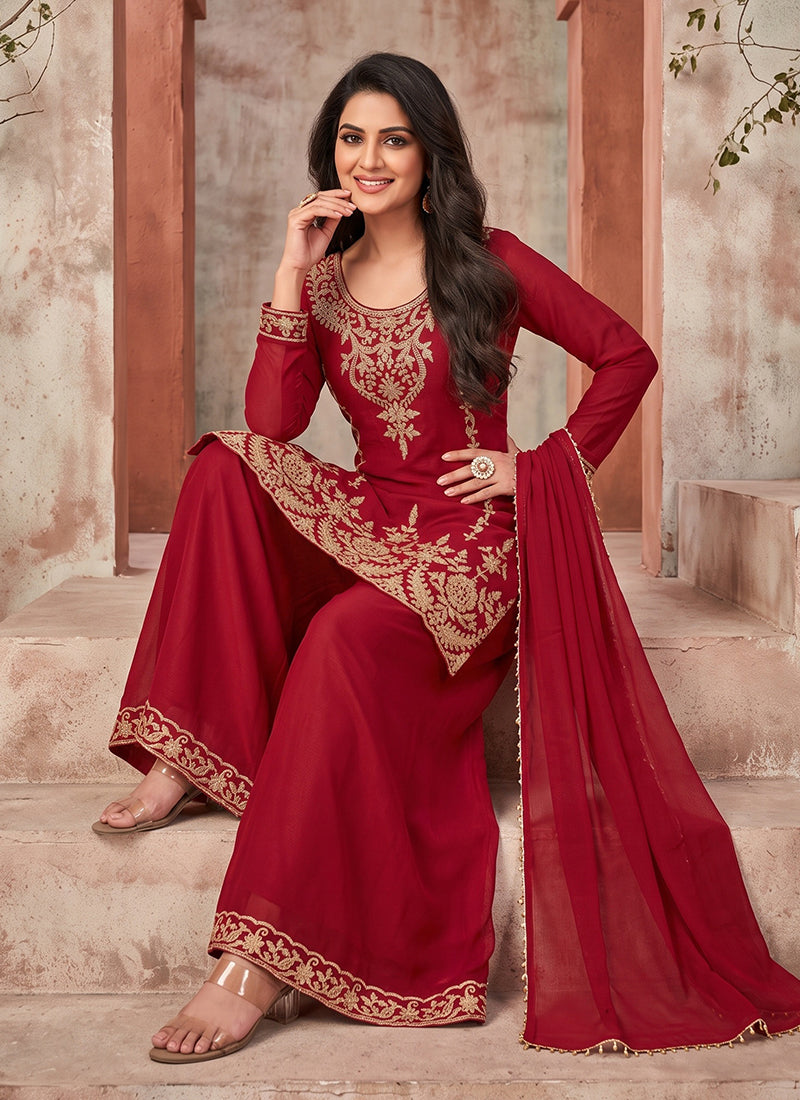 Shop Red Handwork Palazzo Suit Online