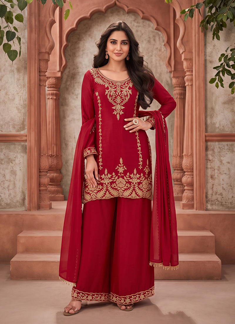 Red Handwork Chinnon Silk Palazzo Suit