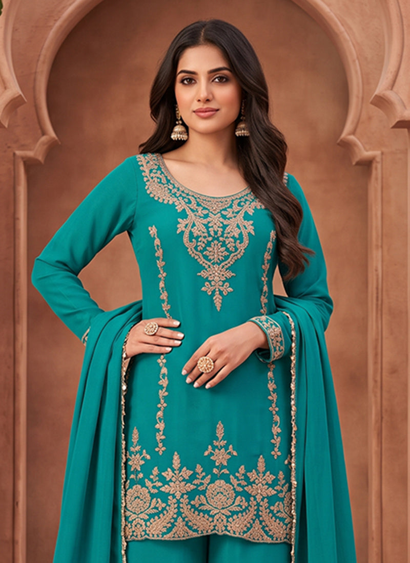 Buy Turquoise Silk Plazzo Suit In Australia