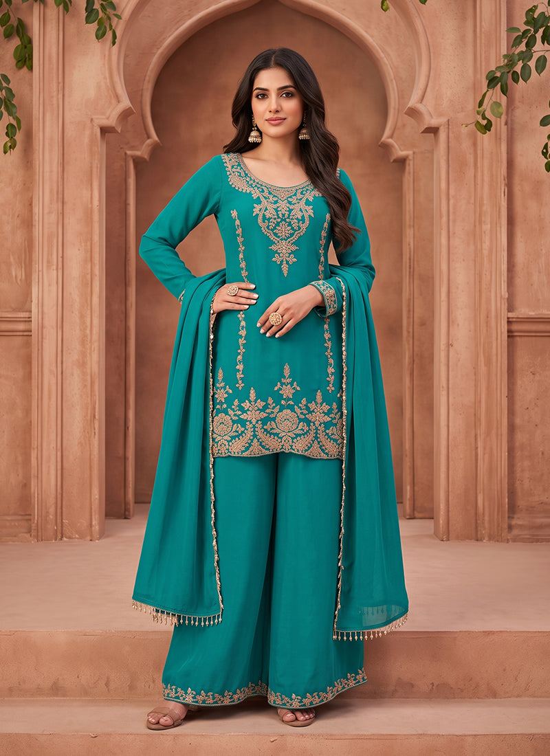 Turquoise Handwork Chinnon Silk Palazzo Suit