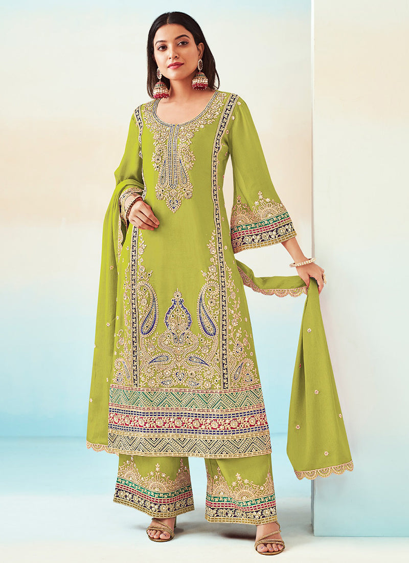 Lime Green Embroidered Traditional Palazzo Style Salwar Suit