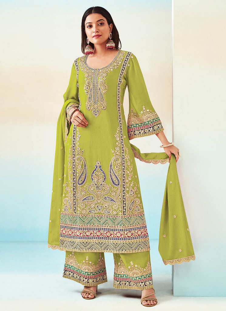 Lime Green Embroidered Traditional Palazzo Style Salwar Suit