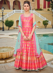 Bright Pink Embroidery And Printed Anarkali Gown