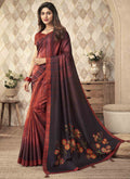 Red And Brown Digital Floral Printed Silk Saree