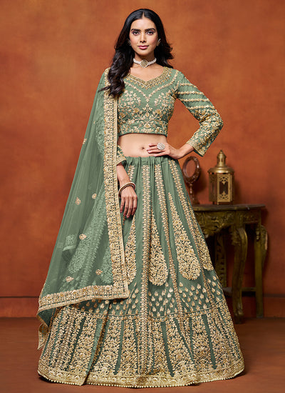 Sage Green Embroidered Net Lehenga Choli