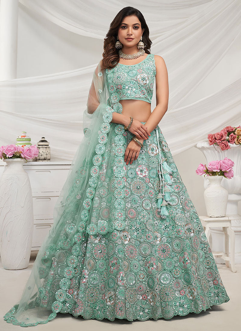 Sea Green Multi Thread And Sequence Embroidery Wedding Lehenga