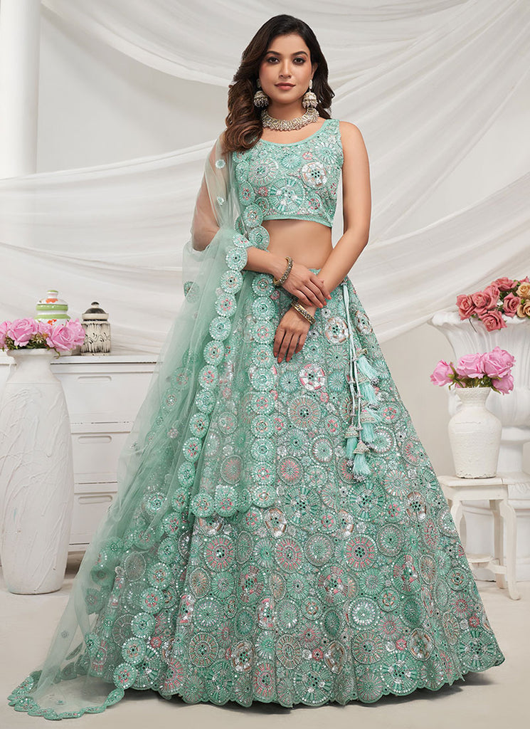 Sea Green Multi Thread And Sequence Embroidery Wedding Lehenga