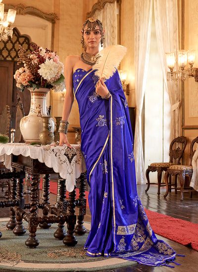 Cobalt Blue Handloom Weaving Silk Saree
