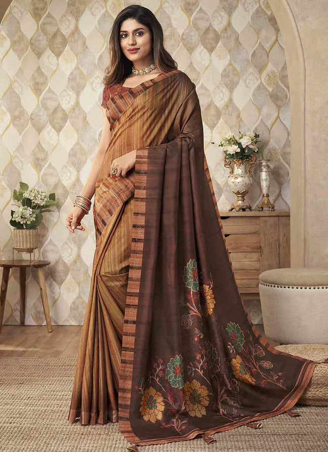 Brown Two Tone Digital Floral Printed Silk Saree