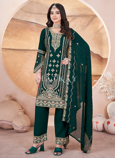 Green Embroidered Georgette Pant Suit