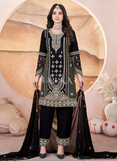 Black Embroidered Georgette Pant Suit