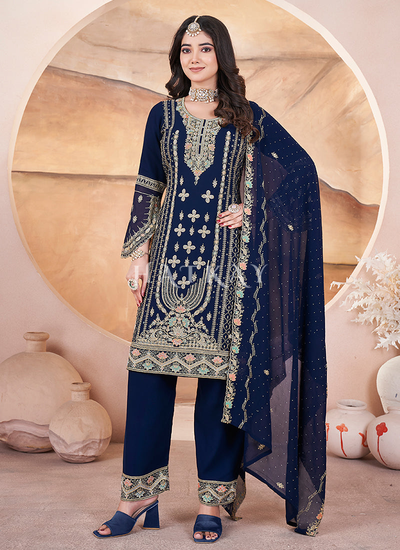 Blue Embroidered Georgette Pant Suit