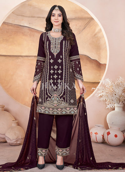 Brown Embroidered Georgette Pant Suit