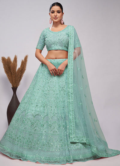 Teal Blue Sequence Embroidery Wedding Lehenga Choli