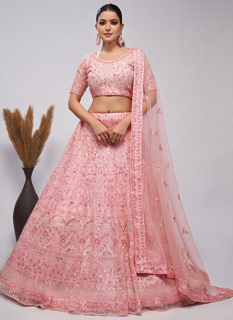 Coral Pink Sequence Embroidery Wedding Lehenga Choli