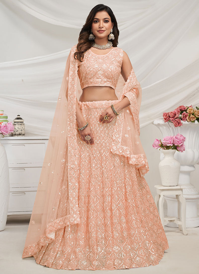Soft Peach Sequence Embroidery Wedding Lehenga Choli