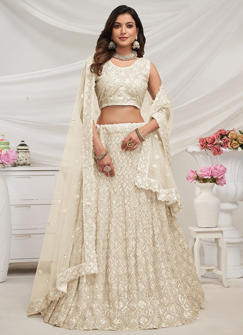 Crème White Sequence Embroidery Wedding Lehenga Choli