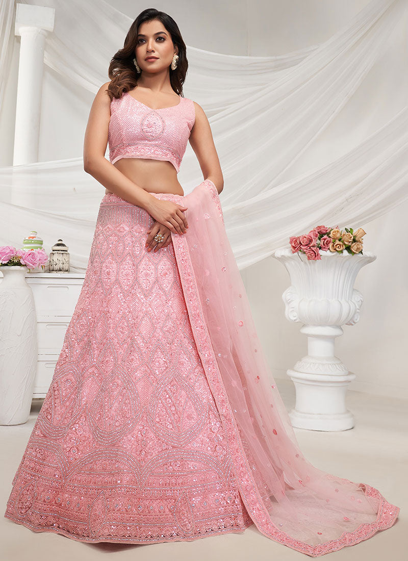 Light Pink Sequence Embroidery Wedding Style Lehenga