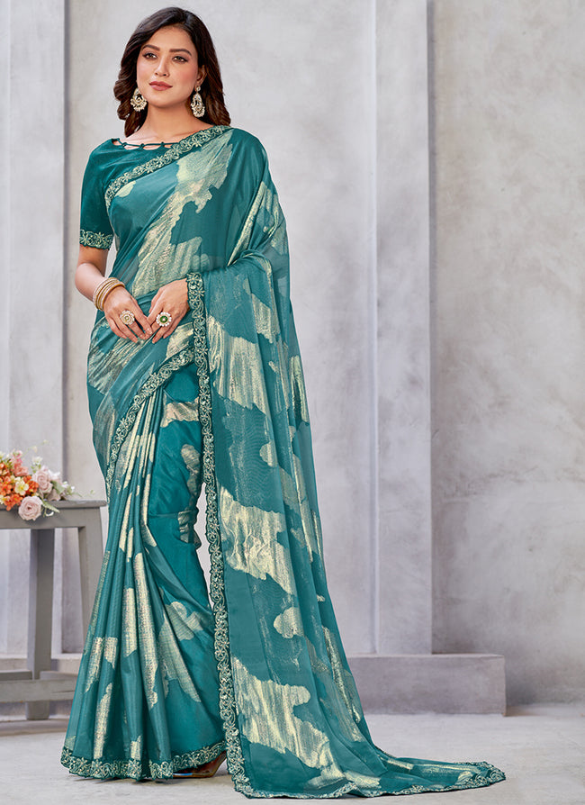 Turquoise Stone Work Embroidery Georgette Jacquard Saree