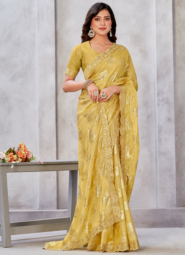 Yellow Mirror Work Embroidery Georgette Jacquard Saree