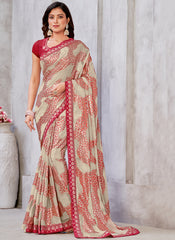 Beige And Red Embroidery Georgette Jacquard Saree
