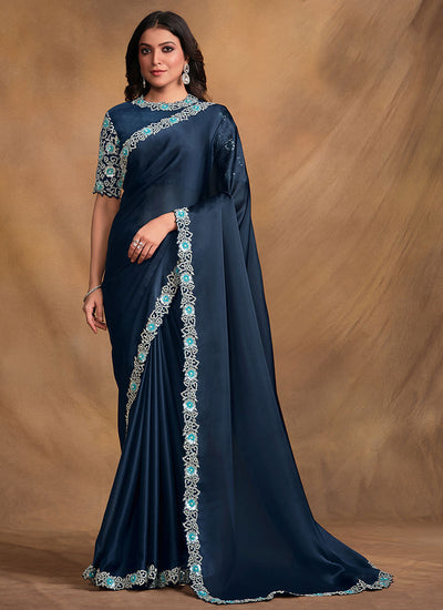 Turquoise Multi Embroidery Traditional Festive Saree