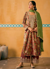 Maroon And Green Embroidered Velvet Kurta Pant Suit