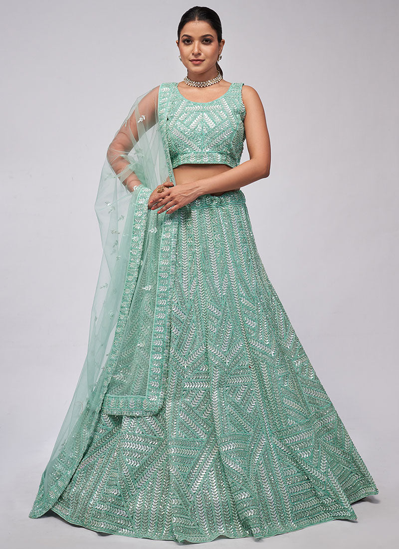 Sky Blue Sequence Embroidery Lehenga Choli For Indian Wedding