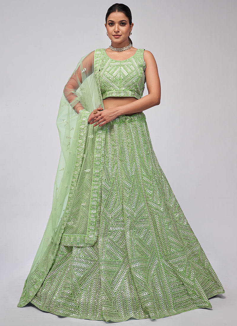 Light Green Sequence Embroidery Lehenga Choli For Indian Wedding