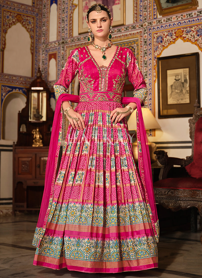 Magenta Pink Multicoloured Handwork Designer Gown