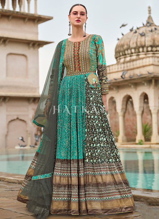 Teal Blue Multicoloured Handwork Designer Gown