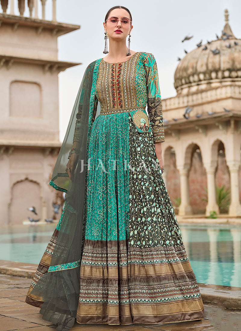 Teal Blue Multicoloured Handwork Designer Gown