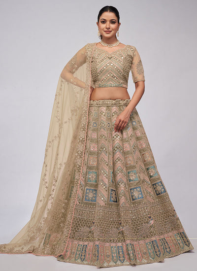 Beige Golden Multi Embroidery Lehenga Choli For Indian Wedding