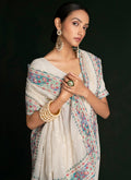Pearl White Embroidery Lucknowi SareePearl White Embroidery Lucknowi Saree In USA France