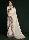 Cream White Multi Embroidery Lucknowi Saree In USA