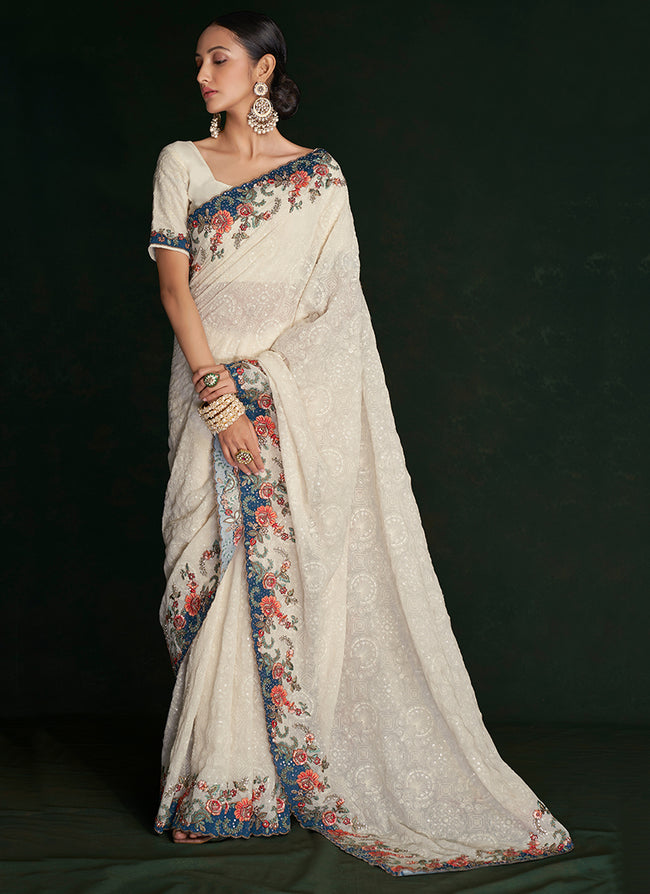 Cream White Multi Embroidery Lucknowi Saree In USA