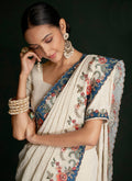 Cream White Multi Embroidery Lucknowi Saree In New York