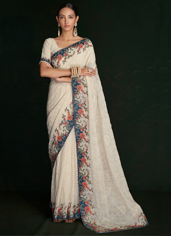 Buy Indian Saree - Cream White Multi Embroidery Lucknowi Saree