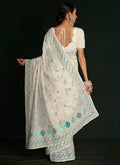 White And Blue Embroidery Lucknowi Saree In USA Michigan