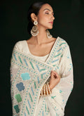 White And Blue Embroidery Lucknowi Saree In Detroit MI