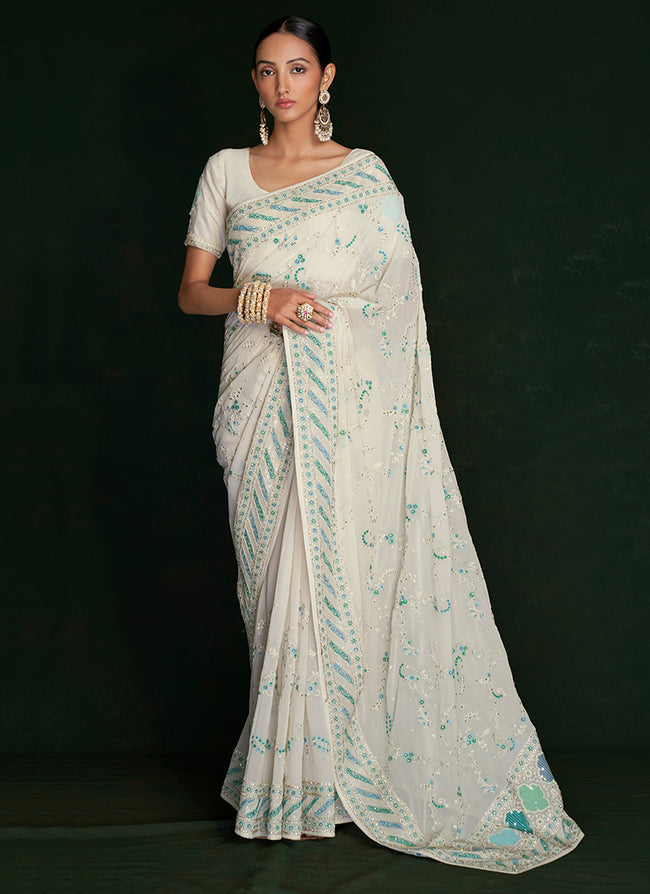 White And Blue Embroidery Lucknowi Saree