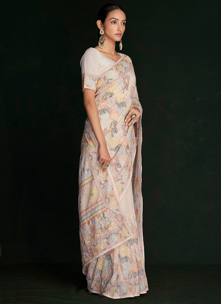 White And Peach Embroidery Lucknowi Saree In USA Kansas
